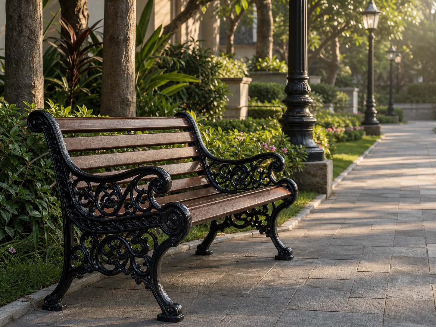 Ornate cast iron garden bench installed on a landscaped pathway