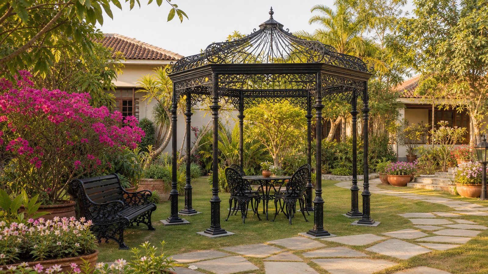 Black cast iron pergola with outdoor furniture in a landscaped Indian farmhouse garden