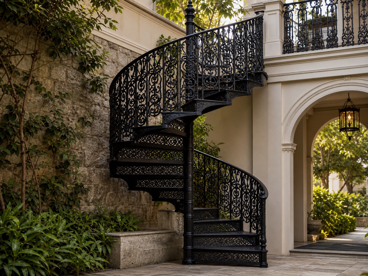 Designer black cast iron spiral staircase with ornate railings in a villa courtyard