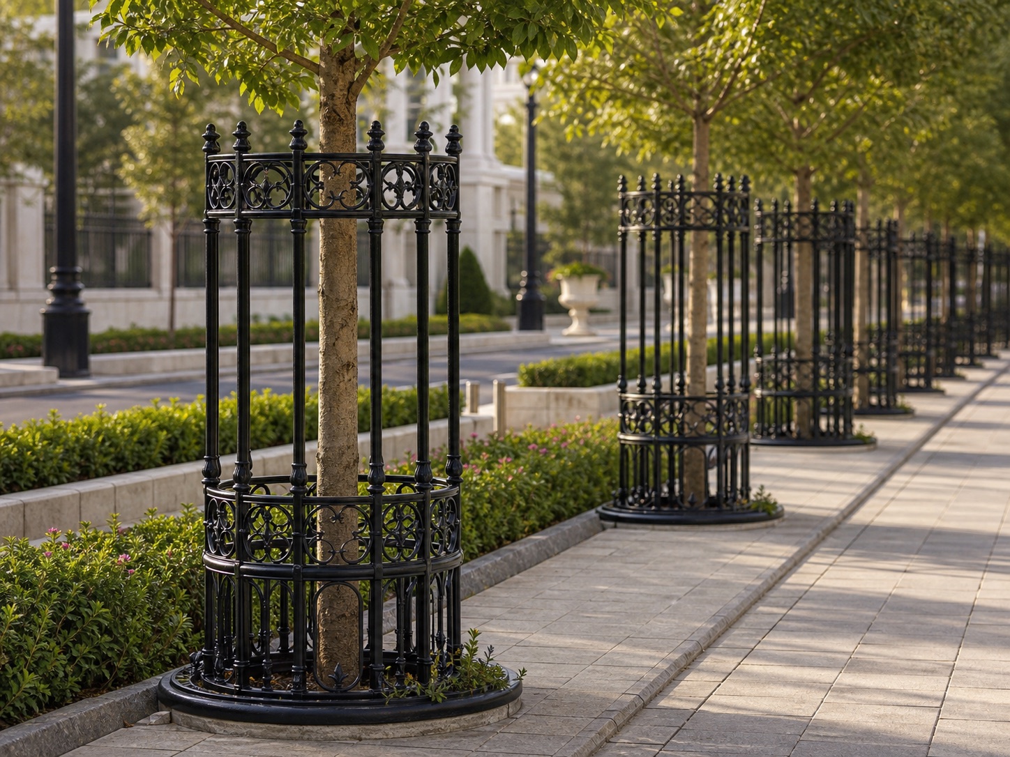 Decorative black cast iron tree guards installed along a landscaped walkway